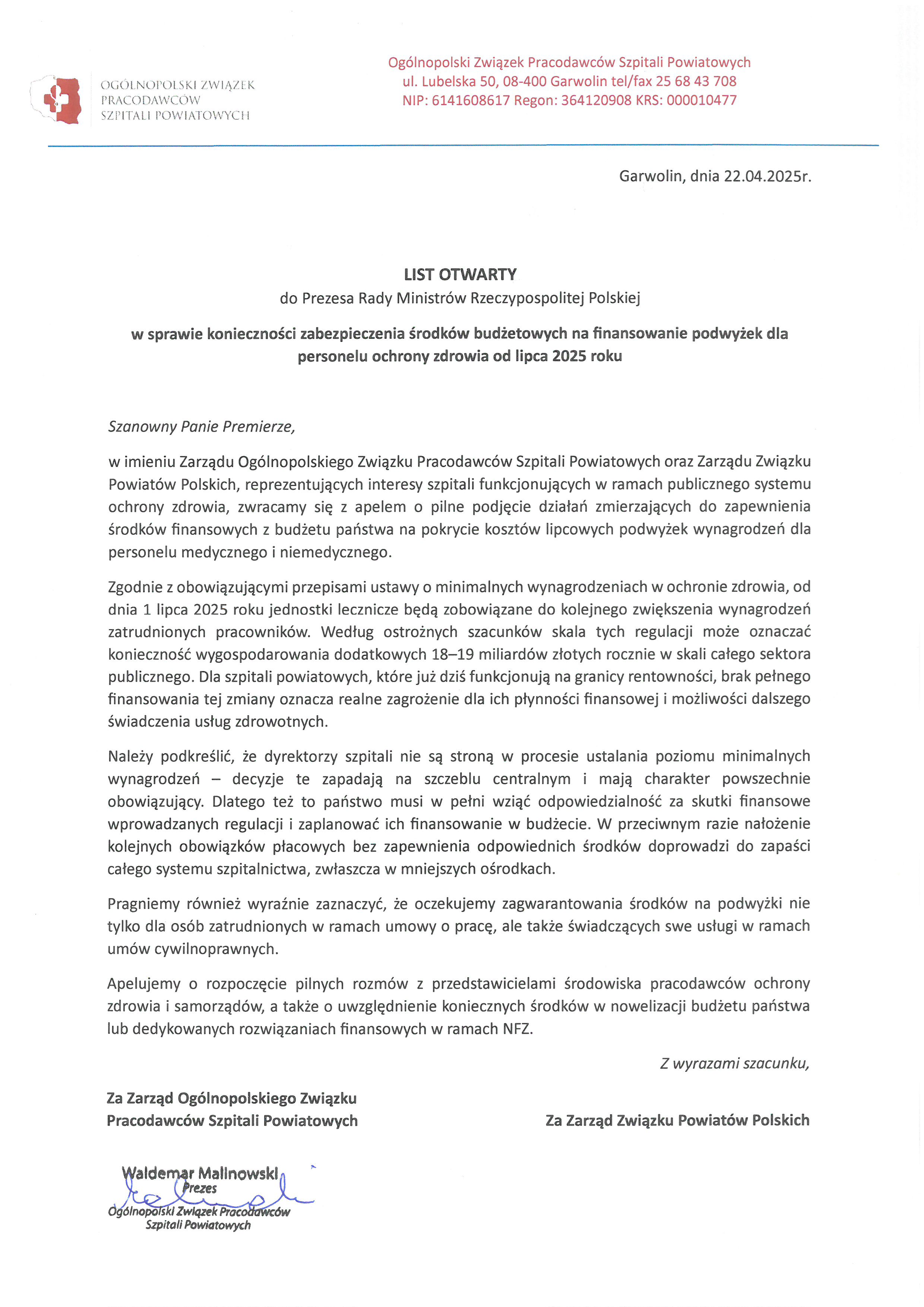 List otwarty do Premiera ws. konieczności zabezpieczenia środków finansowych na podwyżki 2025 r